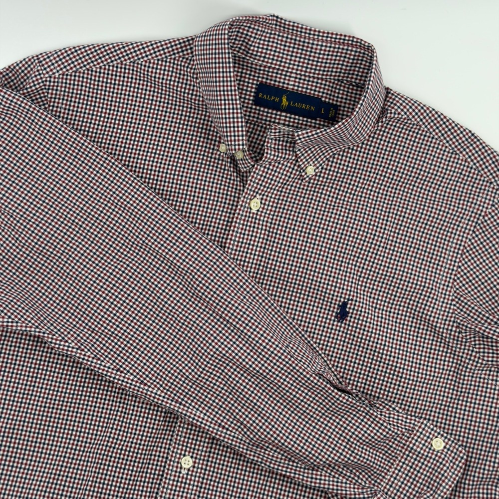 Ralph Lauren Mens Gingham Check Button Down Shirt Red White Blue Cotton Large